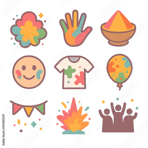 Festival of Colors Icon Set. Isometric Flat icon set of festival of colors celebration: powder cloud burst, colored handprint,