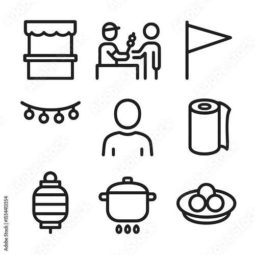 Festival Food Stall Icons. Outline icon set of Festival Food Stall Sharing: stall counter, vendor handing skewer, plate of food,