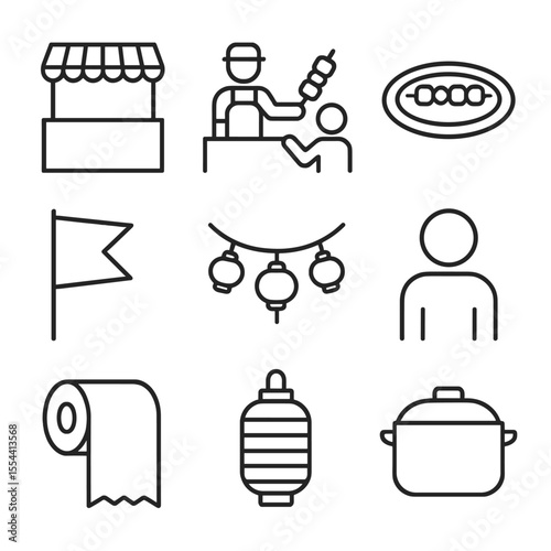Festival Food Stall Icons. Outline icon set of Festival Food Stall Sharing: stall counter, vendor handing skewer, plate of food,