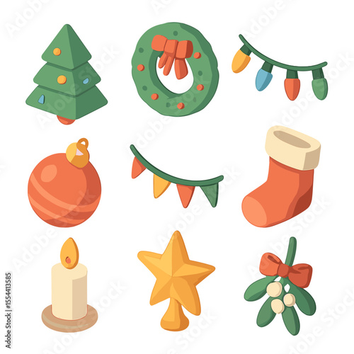 Festive Icon Collection. Isometric Flat icon set of festive holiday decorations: Christmas tree, wreath, string lights, ornament