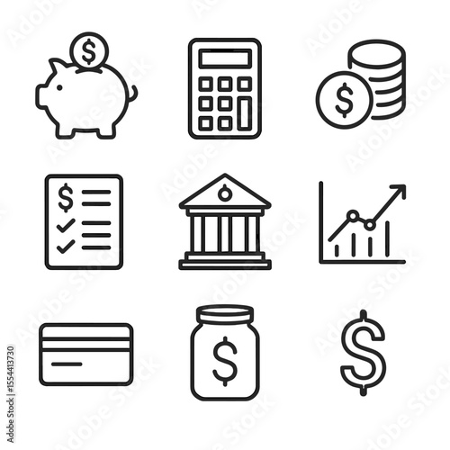 Financial Icon Set. Outline icon set of Financial Planning: piggy bank, calculator, budget sheet, coin stack, bank building,
