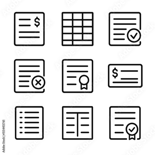 Financial Icon Set. Outline icon set of account reconciliation paperwork: bank statement sheet, general ledger page,