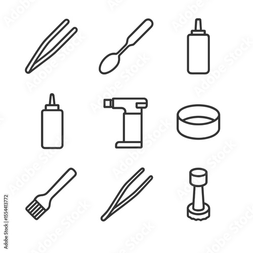Fine-Dining Tool Icons. Outline icon set of Fine-Dining Plating Tools: tweezers, plating spoon, offset spatula, squeeze bottle,