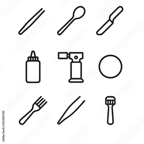 Fine-Dining Tool Icons. Outline icon set of Fine-Dining Plating Tools: tweezers, plating spoon, offset spatula, squeeze bottle,
