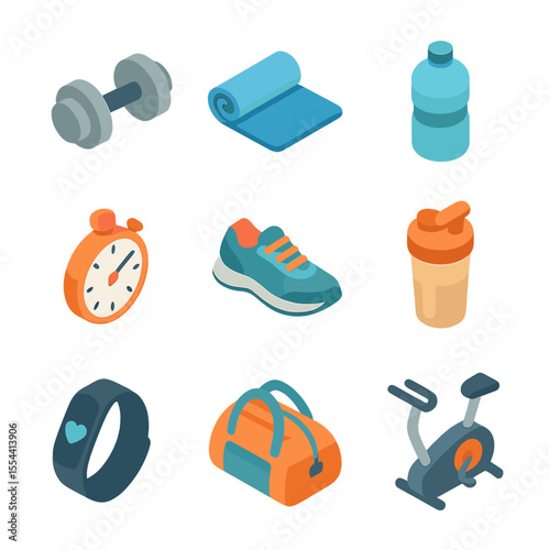 Fitness Icon Set. Isometric Flat icon set of fitness training discipline: dumbbell, yoga mat, water bottle, stopwatch, running