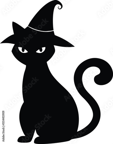 Halloween cat in hat silhouette, black cat with witch hat silhouette vector illustration of halloween