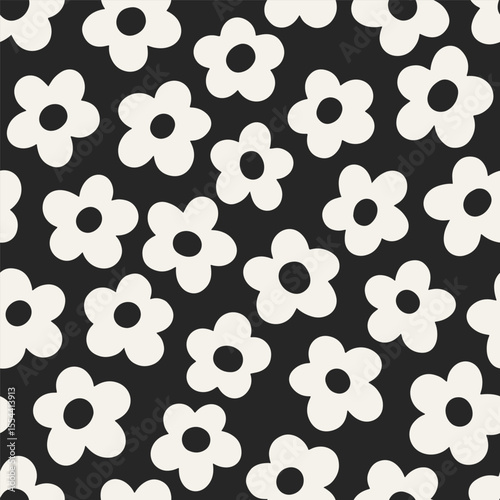 Daisy pattern, seamless design. Endless repeating floral print with black and white groovy flowers in retro trippy psychedelic style. Simple summer texture, background. Flat vector illustration