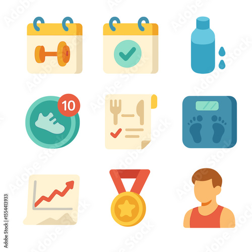 Fitness Icon Set. Isometric Flat icon set of fitness tracking calendars: workout day box, rest day box, hydration icon, step count