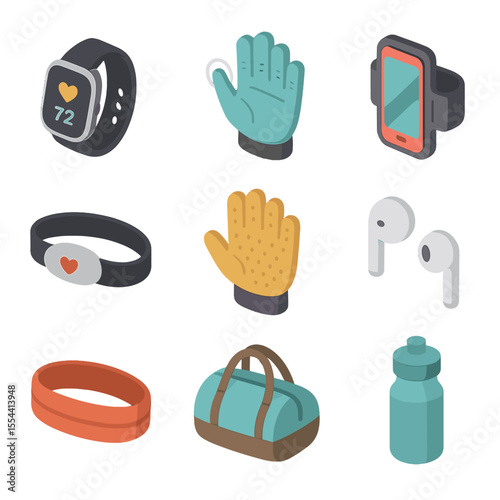 Fitness Gear Icons. Isometric Flat icon set of fitness tracker and gloves combo: fitness tracker watch, touchscreen glove,