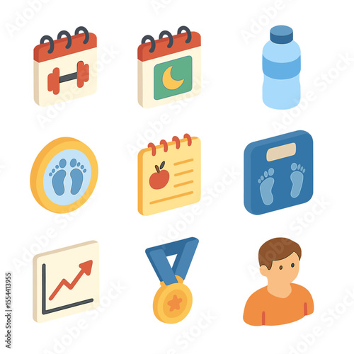 Fitness Icon Set. Isometric Flat icon set of fitness tracking calendars: workout day box, rest day box, hydration icon, step count