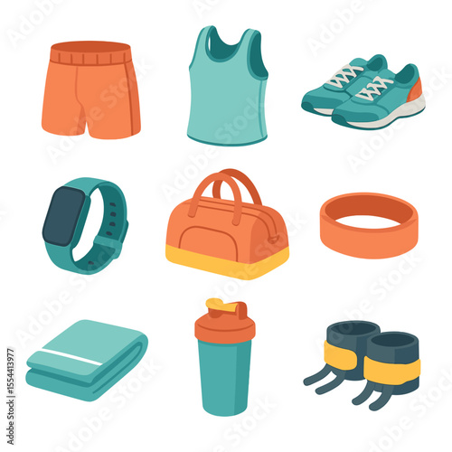 Fitness Gear Icons. Isometric Flat icon set of gym apparel and accessories: gym shorts, tank top, sneakers, fitness tracker, gym