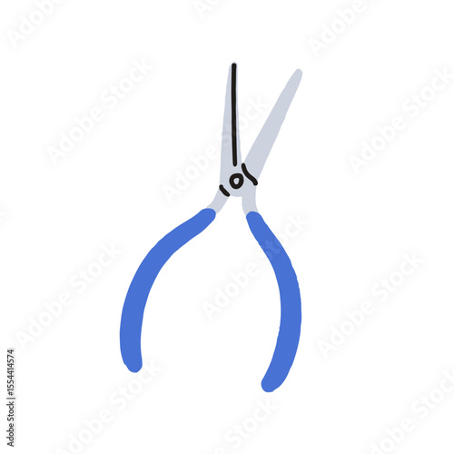 Needle-nose pliers, long snips, hand manual tool for precise cut, bend and repair. Grip handtool for DIY, craft, household, needlework. Flat vector illustration isolated on white background