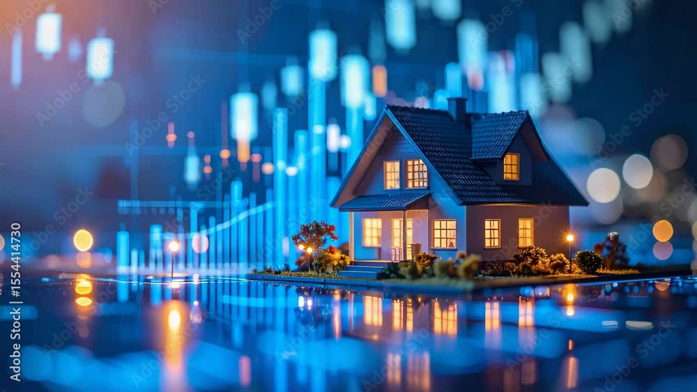 A symbolic image showing a house superimposed over a financial chart, representing the concept of real estate investment and market trends.