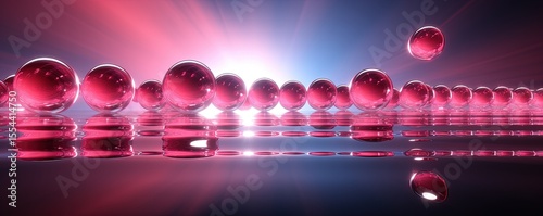 Reflected Pink Spheres on Water, Abstract 3D Render, Gradient Background