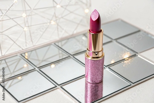 Pink Glitter Lipstick on Mirrored Tiles with Soft Lighting on White Background