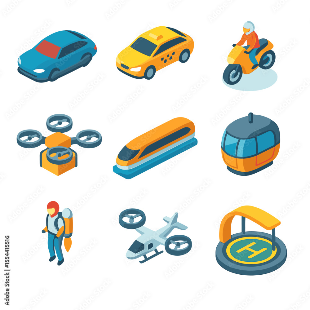Naklejka premium Isometric Flying Icons. Isometric Flat icon set of hover and flying vehicles: hovercar, flying taxi, anti-gravity bike, drone