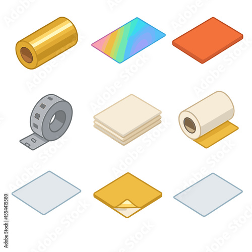 Foil Stamping Icons. Isometric Flat icon set of foil stamping materials: metallic foil roll, holographic foil sheet, pigmented