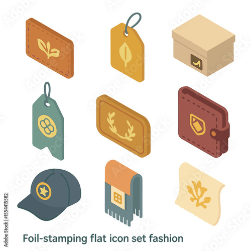 Foil Stamping Fashion Icons. Isometric Flat icon set of foil stamping fashion: leather patch logo, handbag hang tag, shoe box