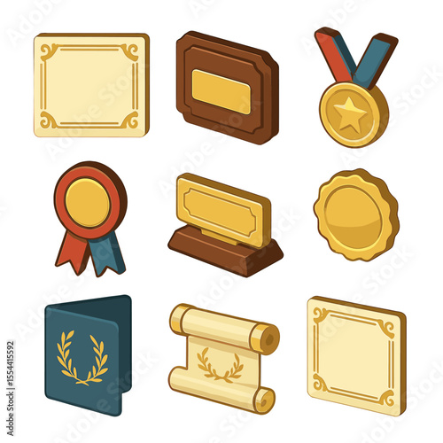 Foil Stamping Icon Set. Isometric Flat icon set of foil stamping certificates: diploma certificate border, award plaque,