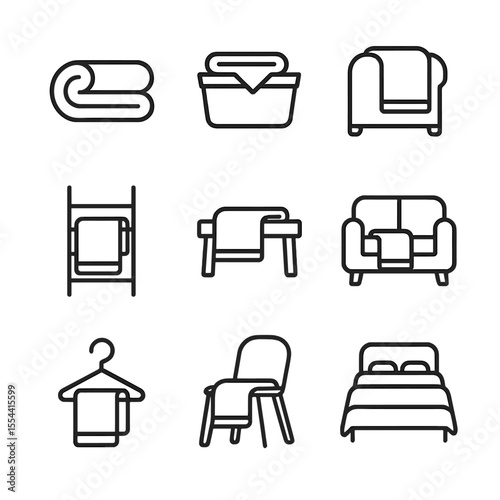 Folding Icon Set. Outline icon set of folding and draping techniques: blanket roll, basket fold, armrest drape, ladder hang, bench