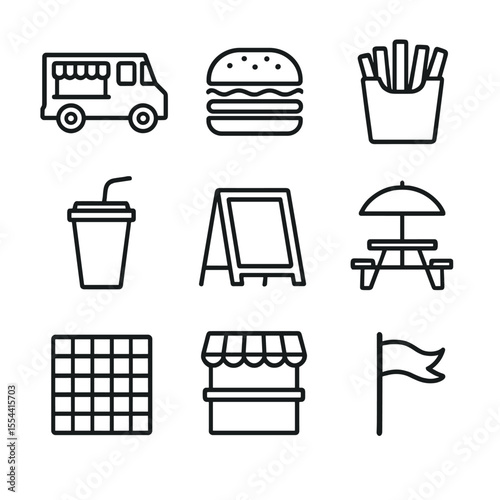 Food Truck Icons. Outline icon set of Food Truck Festival: food truck, burger, fries, soda cup, chalkboard menu, food court table,