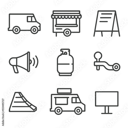 Food Truck Icons. Outline icon set of mobile food trucks: truck silhouette, serving window, retractable awning, menu chalkboard,