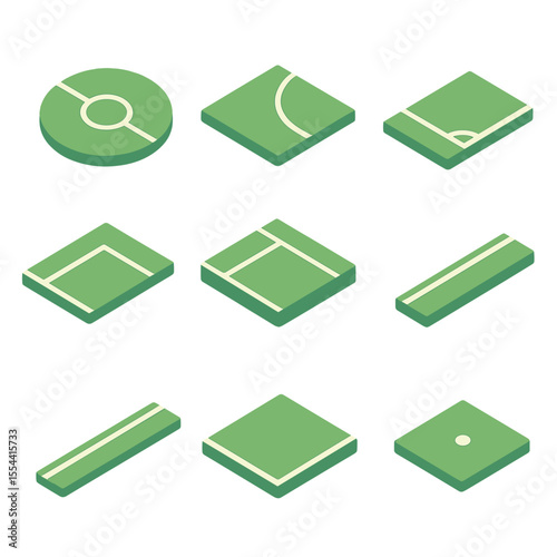 Football Field Icon Set. Isometric Flat icon set of football field markings: center circle, penalty arc, corner kick arc, goal box