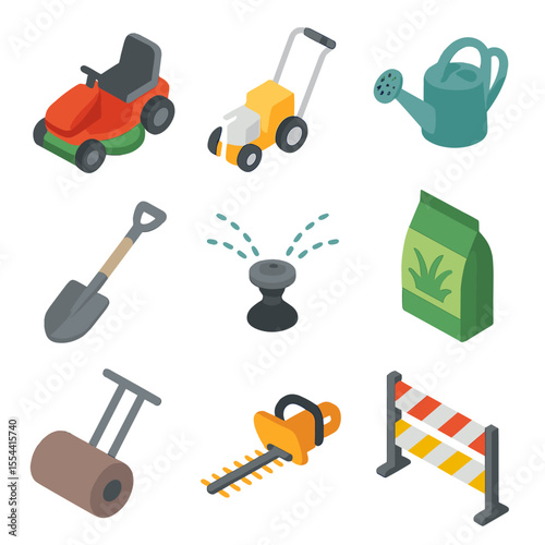 Football Field Maintenance Icons. Isometric Flat icon set of football field maintenance: lawn mower, line marking machine,