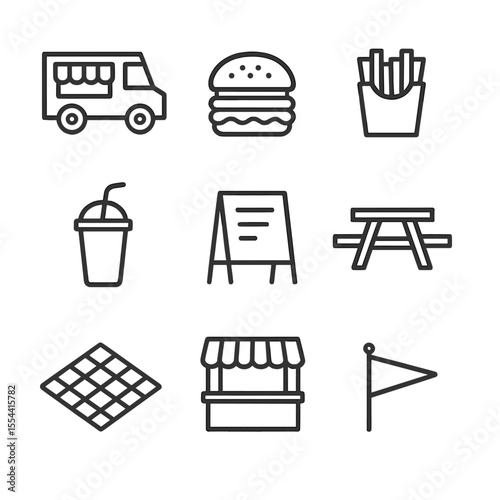 Food Truck Icons. Outline icon set of Food Truck Festival: food truck, burger, fries, soda cup, chalkboard menu, food court table,