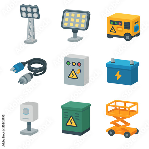 Football Lighting Systems. Isometric Flat icon set of football field lighting systems: floodlight tower, LED lighting panel,