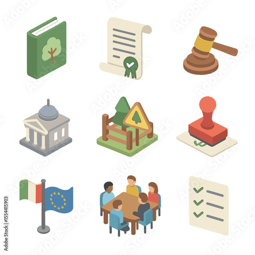 Forest Policy Icons. Isometric Flat icon set of Forest Policy and Legislation: environmental law book, policy scroll, regulatory