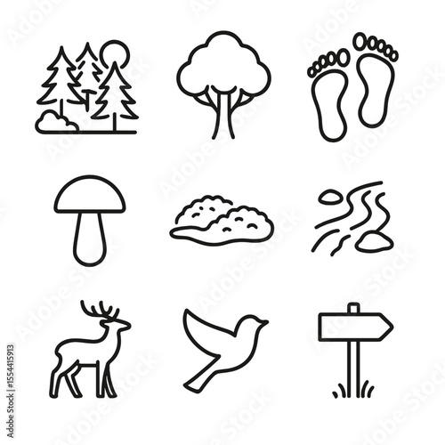 Forest Retreat Icons. Outline icon set of forest bathing retreat aspects: woodland scene, tree canopy, barefoot footprints,