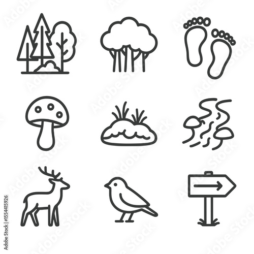Forest Retreat Icons. Outline icon set of forest bathing retreat aspects: woodland scene, tree canopy, barefoot footprints,