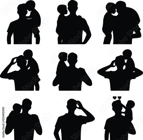 Father Carrying Child on Shoulder Silhouette Icon Set – Family Love Moments Dad with Child on Shoulders Vector – Parenting Silhouettes Collection