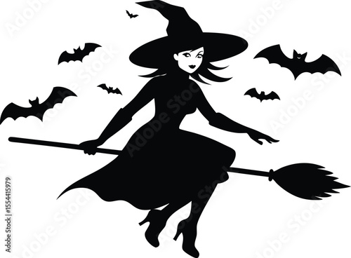 Halloween female witch ride broom bats silhouette, Silhouette of witch and cat flying on broom vector