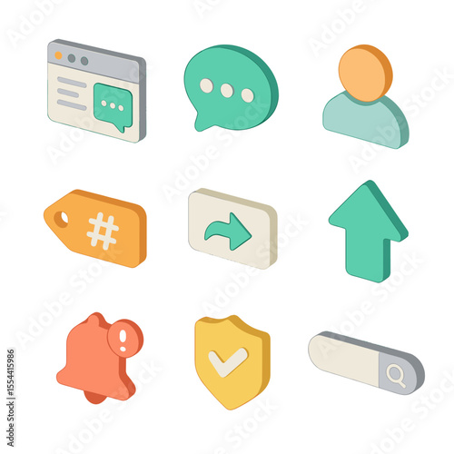 Isometric Forum Icons. Isometric Flat icon set of discussion forums: forum board, speech bubble, user avatar, topic tag, reply