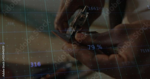 Technician hands clamping hinge under pliers tightening, calibrating with floating numbers in tech