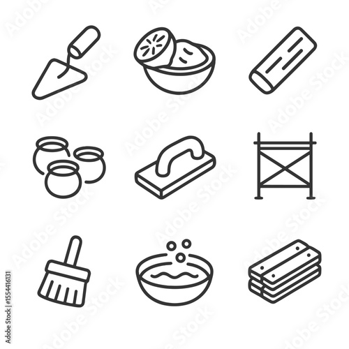 Fresco Painting Tools Icons. Outline icon set of fresco painting elements: plaster trowel, lime plaster, charcoal stick, pigment