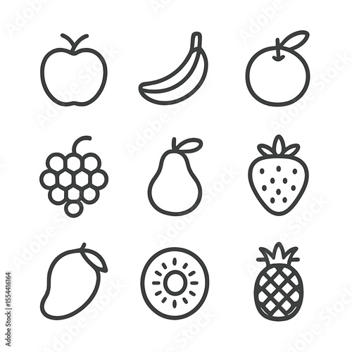 Fresh Fruit Icons. Outline icon set of fresh fruit varieties: apple, banana, orange, grape, pear, strawberry, mango, kiwi,