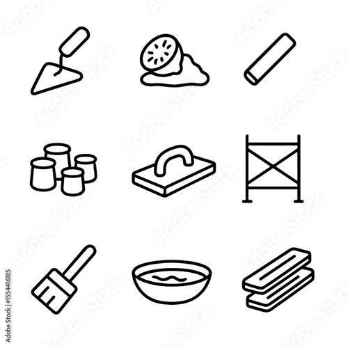 Fresco Painting Tools Icons. Outline icon set of fresco painting elements: plaster trowel, lime plaster, charcoal stick, pigment