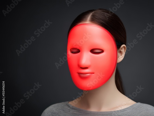 A female model wearing a seamless red mask against a dark background symbolizing modern anonymity and digital identity presents an intriguing visual representation of psychological concepts