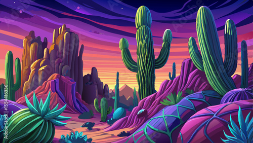 Saguaro National Park East at sunset time, Tucson, Arizona amazing sky and Group of Tall Saguaro Cactus Plants
