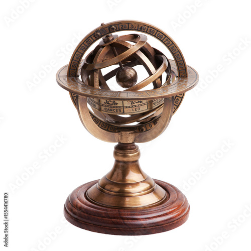 Brass armillary sphere on white background.