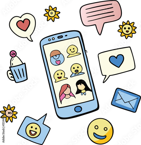 Cute cartoon smartphone displaying social media profiles and icons isolated on transparent background