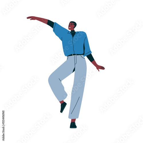 Happy young black man dancing with excited smiling emotion. Energetic African...