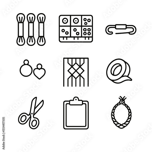 Friendship Bracelet Icons. Outline icon set of Friendship Bracelet Craft: embroidery floss skeins, bead assortment, adjustable