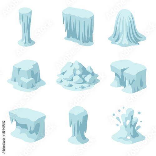 Frozen Waterfall Icons. Isometric Flat icon set of frozen waterfall formations: ice pillar, ice curtain, flowstone ice, serac
