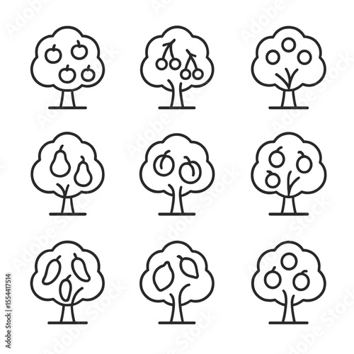Fruit Tree Icons. Outline icon set of fruit tree orchard: apple tree, cherry tree, orange tree, pear tree, peach tree, plum tree,