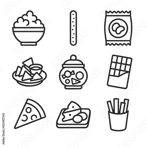Game Night Snacks. Outline icon set of snacks for game night: popcorn bowl, pretzel stick, chips bag, nachos plate, candy jar,