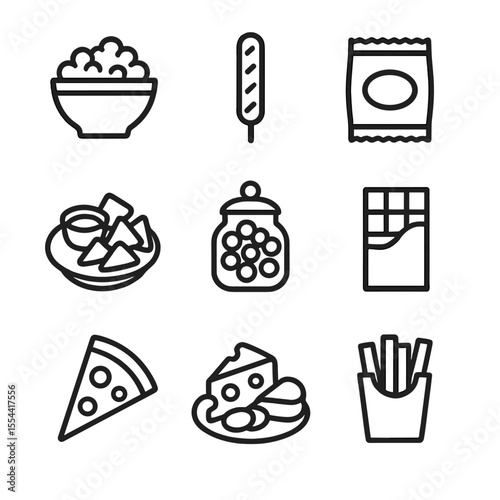 Game Night Snacks. Outline icon set of snacks for game night: popcorn bowl, pretzel stick, chips bag, nachos plate, candy jar,